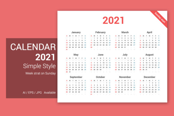 Simple Calendar 2021 Sunday Starts: A Clean Design Asset